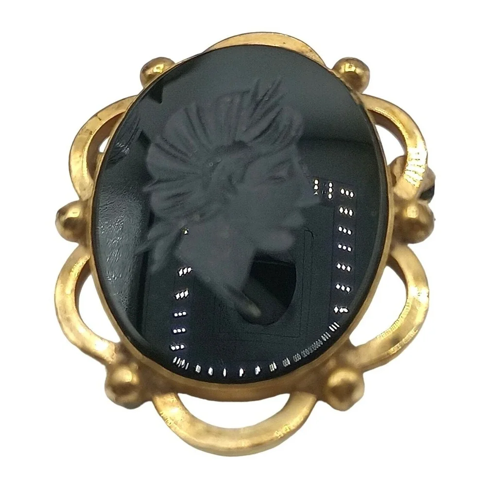 Winard Intaglio Cameo Brooch Pin‎ Pendant Black Glass 12k GF Jewelry Vintage